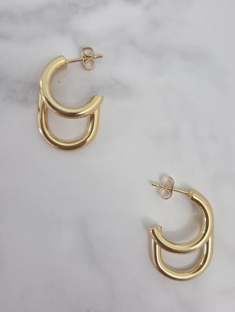 Gold Double Hoop Earrings Chubby Oval Huggie Hoops Statement - Picture 3 of 12